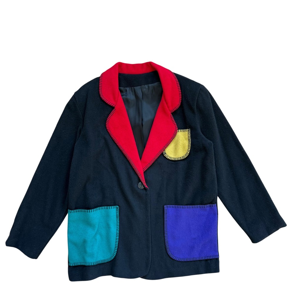 Incognito Vintage Wool Colorblock Blazer Jacket Black Red Multi Blanket Stitch L